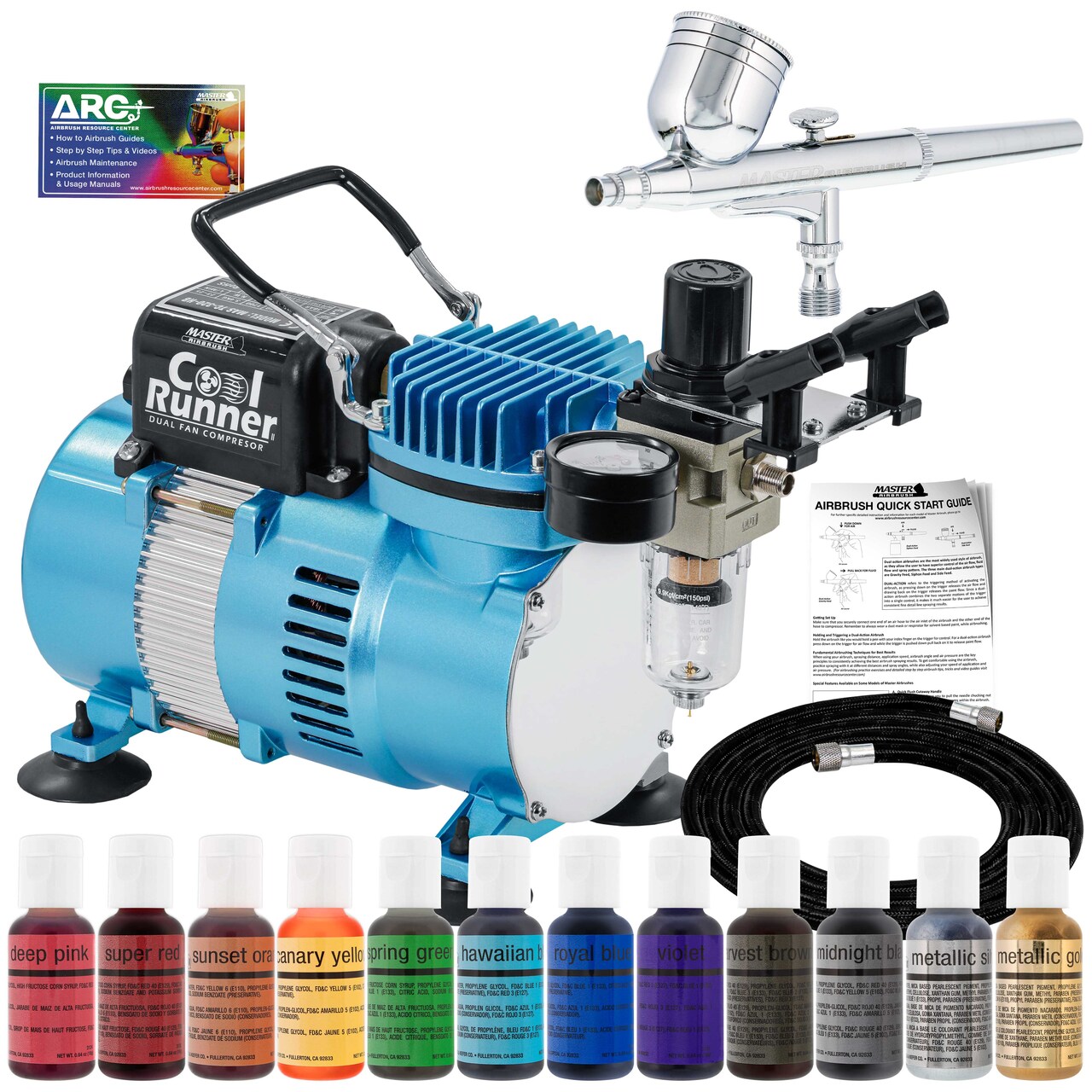 Cake Decorating Air Brush Kit with Air Compressor - Model G22 Gravity Feed Dual-Action Airbrush, 12 Color Chefmaster Food Coloring Set for Decorating Cakes, Cupcakes and Cookies